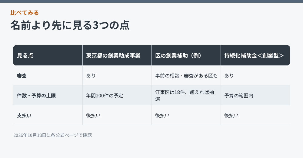 補助金と助成金で名前より先に見る点を比べた図解