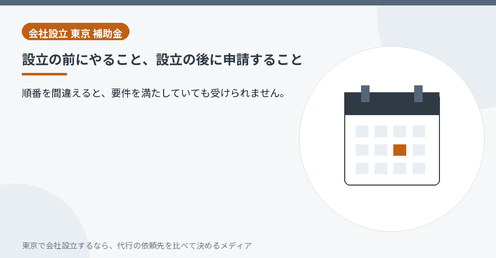 会社設立の前後で補助金の手続きを並べたイラスト