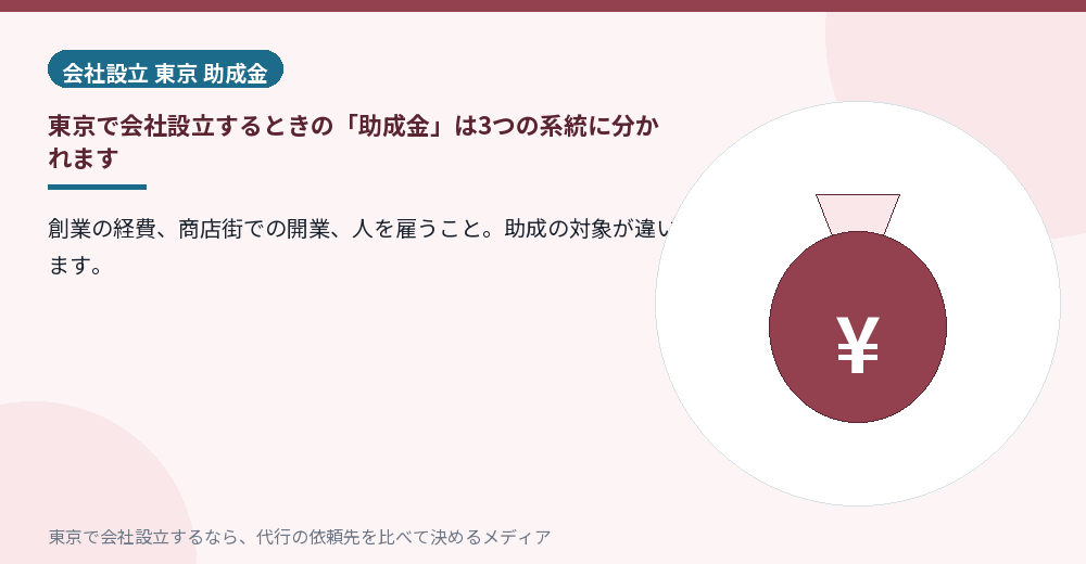 東京の会社設立で関わる助成金の3つの系統を示すイラスト
