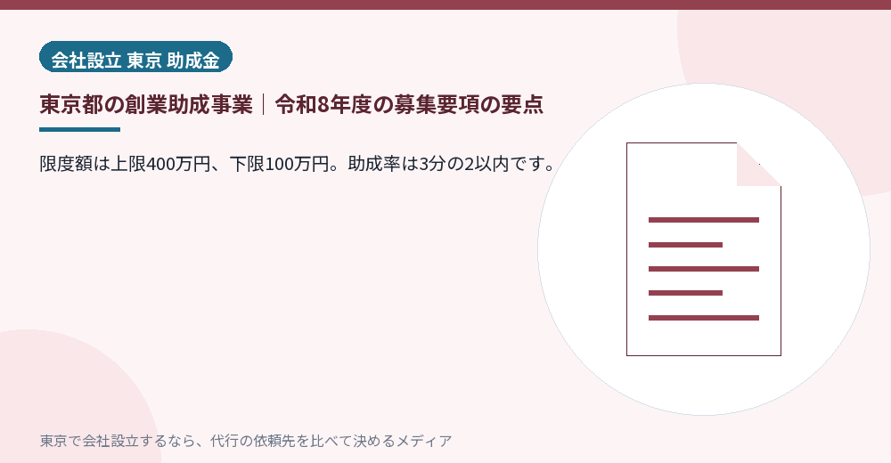 創業助成事業の募集要項の要点を示すイラスト
