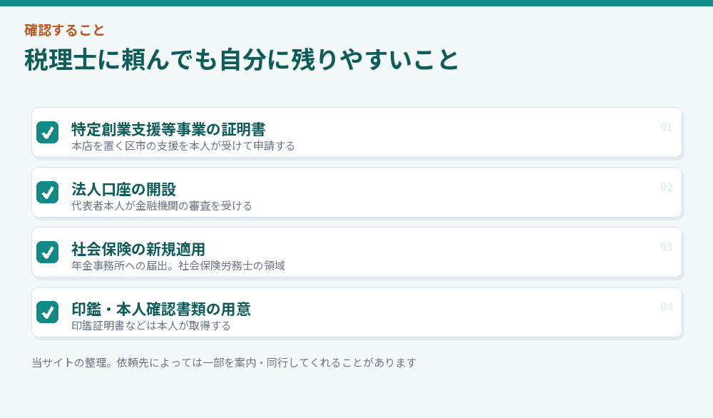 税理士に会社設立を頼んでも本人に残る作業のチェックリスト