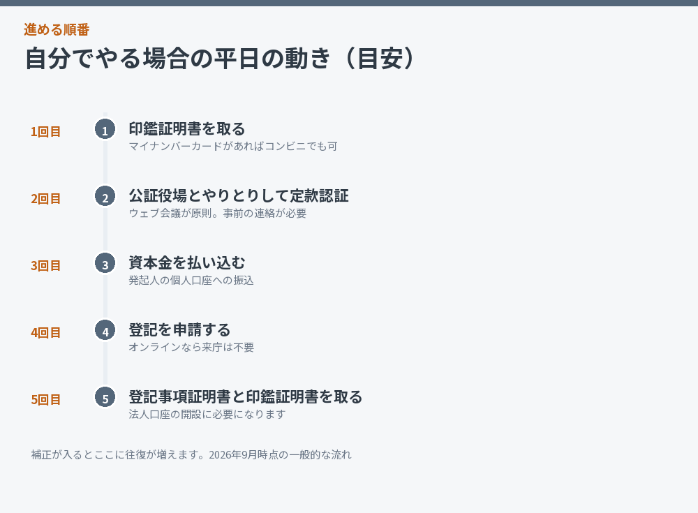 自分で会社設立を進めるときの平日の動きを並べた図解