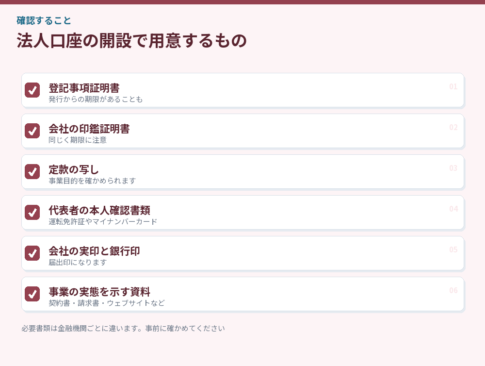 法人口座の開設で用意するもののチェックリスト