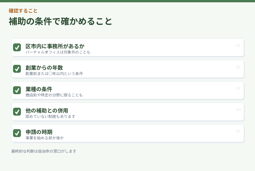 補助の条件を確かめる項目のチェックリスト