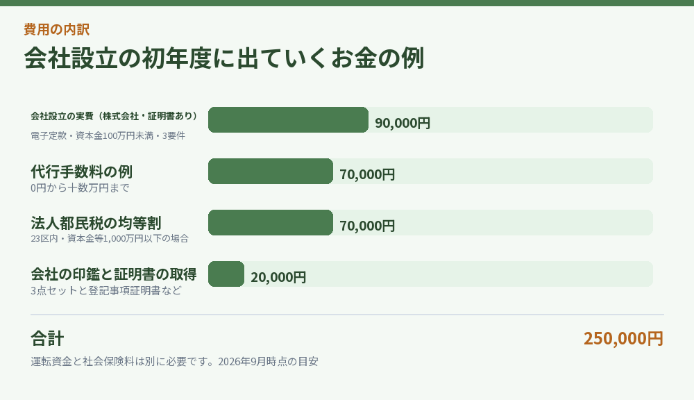 会社設立の初年度に出ていくお金を示した図解