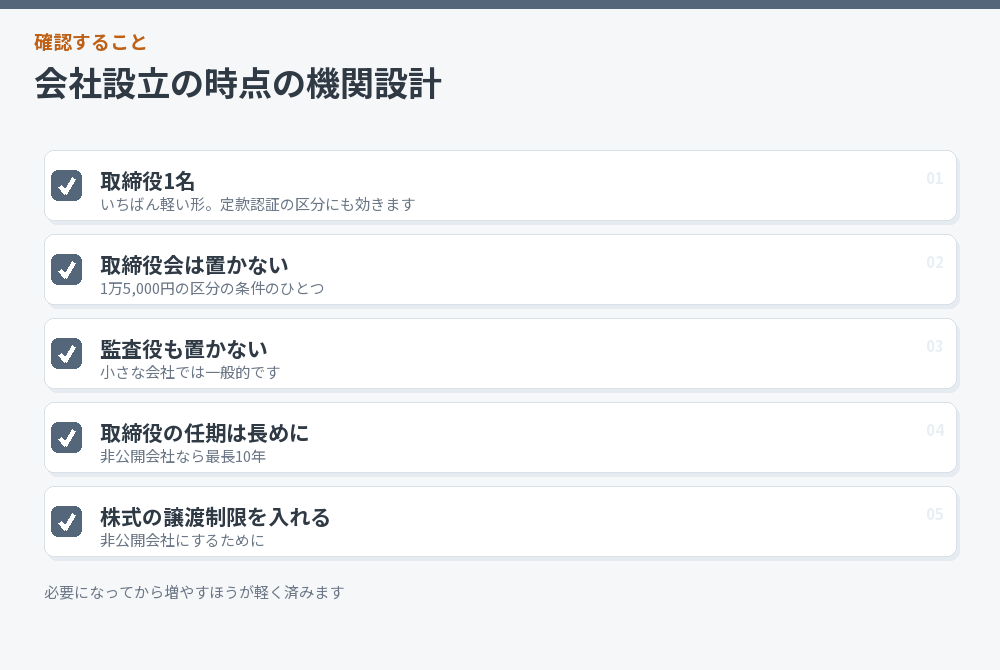 会社設立の時点の機関設計のチェックリスト