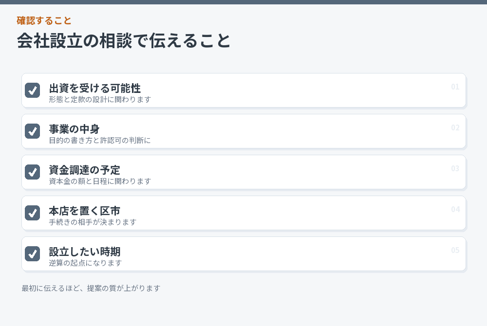 会社設立の相談で伝えることのチェックリスト